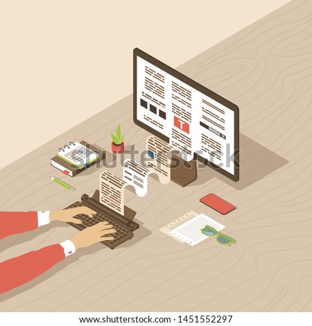 Copywriting, content creation isometric illustration. Editor, copywriter, book author typing text with typewriter. Blog article, essay writing, storytelling 3d concept. Freelance copywriter workplace
