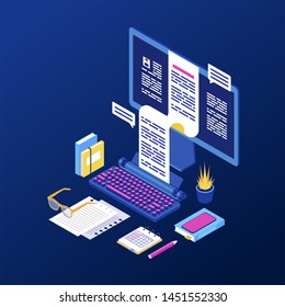 Copywriting, Content Creation Isometric Vector Illustration. Book, Article, Essay Writing 3d Concept. Editor, Copywriter, Journalist Workplace, Workspace. Stationery Items, Computer And Typewriter