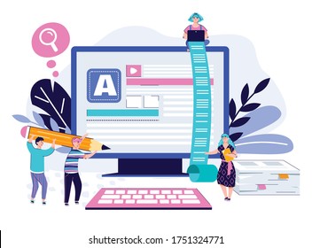 Copywriting and content creation poster concept with cartoon people with writing tools using giant computer monitor. Online copywriter banner, vector illustration.