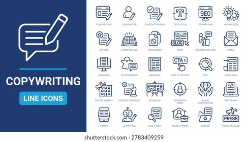 Copywriting and content creation thin line icon set.