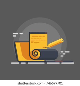 Copywriting, content making, electronic signature 3d vector concept, document pencil laptop, online questioning, digital content making flat illustration isolated on dark gray background