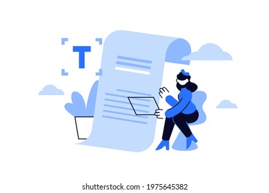 Copywriting, content management and seo strategy. Writing texts or blogging, creativity and promotion concept. Vector woman blogger making valuable media content flat illustration