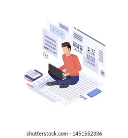 Copywriting & content marketing isometric illustration. Home based copywriter, content writer, freelancer. SMM manager, digital marketer create advertising post. Blogging, article writing 3d concept