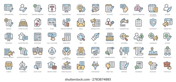 Copywriting, Content Marketing, and SEO Vector Line Icon Set