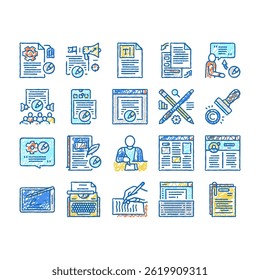 Copywriting Content Strategy doodle icons set vector. Online Copywriting Public Relations, Typewriter Occupation Writer Writing Article Line. Social Media Blog sketch hand drawn