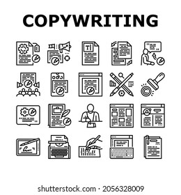 Copywriting Content Strategy Icons Set Vector. Online Copywriting And Public Relations, Typewriter Occupation And Writer Writing Article Line. Social Media Blog Black Contour Illustrations