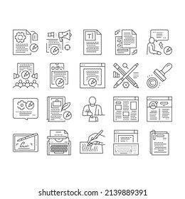 Symbole für die Copywriting-Content-Strategie setzen Vektorgrafik. Online-Copywriting und Öffentlichkeitsarbeit, Schreibmaschinenbesetzung und Autor-Writer Writer Writing Artikel Line. Blog "Social Media"-Schwarze Kontrastbilder