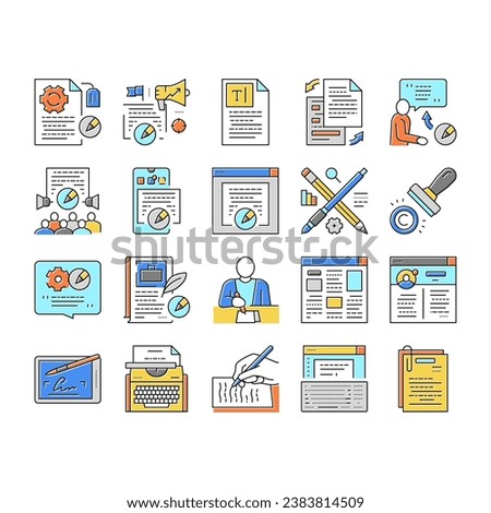 Copywriting Content Strategy Icons Set Vector. Online Copywriting And Public Relations, Typewriter Occupation And Writer Writing Article Line. Social Media Blog Color Illustrations