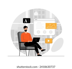 Estrategia de contenido de escritura de copias. Hombre escribiendo para medios sociales y blog, sitio web o campaña de publicidad de marca. Ilustración con la escena de personas en diseño plano para el desarrollo de sitios web y móviles.