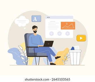 Estratégia de conteúdo de cópia. Homem escrevendo para mídias sociais e blog, site ou campanha publicitária da marca. Ilustração de vetor plano.	
