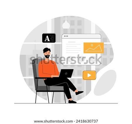 Copywriting content strategy. Man writing for Social media and blog, website or brand advertising campaign. Illustration with people scene in flat design for website and mobile development.