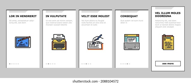 Copywriting Content Strategy Onboarding Mobile App Page Screen Vector. Online Copywriting And Public Relations, Typewriter Occupation And Writer Writing Article. Social Media Blog Illustrations