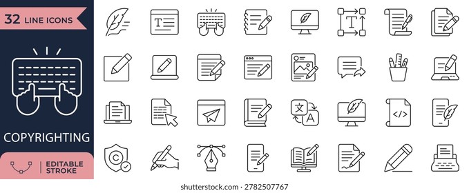 Copywriting and Content Writing Line Icons Set with Text Editing, Typography, and Typewriter
