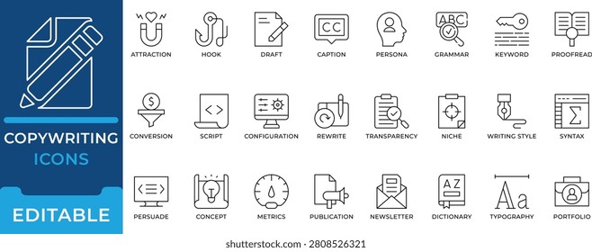 Copywriting Content Writing SEO Icon Set editable vectors for marketing script grammar rewrite and newsletter conversion
