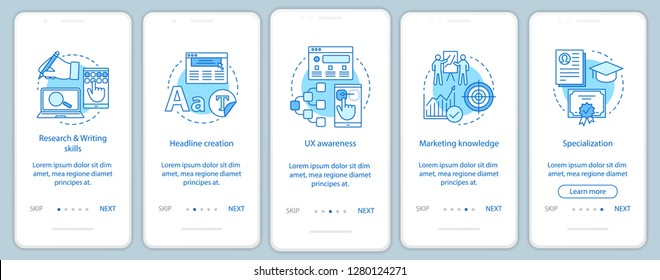 Cursos de escritura de copias en la plantilla vectorial de pantalla de la página de aplicación móvil. Pasos del tutorial sobre marketing digital. SMM, SEO. Creación de contenido. Textos publicitarios escribiendo. UX, UI, interfaz de smartphone GUI