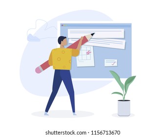 Copywriting, creative writing,content creating concept. Blogger character. Flat isometric vector illustration isolated on white background.