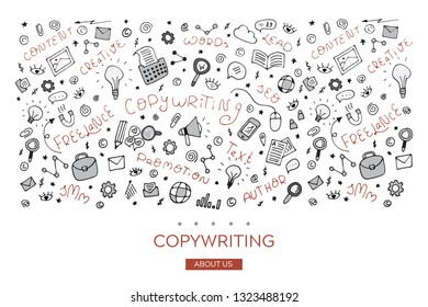 Copywriting doodle outline vector abstract illustration. Set of business elements, content, words, lead, SEO, SMM, author, promotion, creative, text, freelance