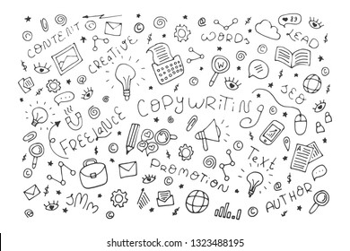 Copywriting doodle outline vector abstract illustration. Set of business elements, content, words, lead, SEO, SMM, author, promotion, creative, text, freelance