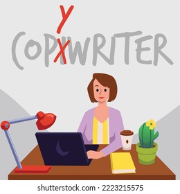 Copywriting or editing and creating content for social media banner or poster. Card or banner with professional copywriter writes the text, flat vector illustration.
