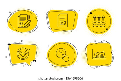 Copywriting, Evaporation and Infographic graph signs. Chat bubbles. Confirmed, Video file and Time management line icons set. Accepted message, Vlog page, Office clock. Ð¡opyright signature. Vector