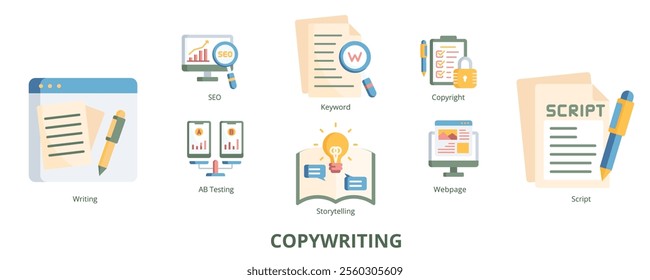Copywriting Flat Banner Web Icon Set Vector Illustration