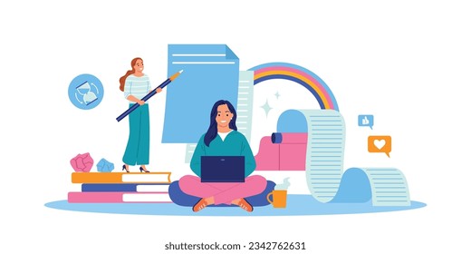 Copywriting flat concept with happy creative women writing posts and articles on laptop and paper vector illustration
