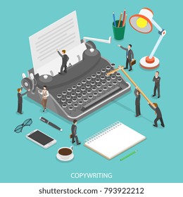 Copywriting flat isometric vector concept. People are trying to create some text on the paper sheet using a typewriter.