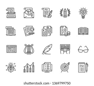 Copywriting Flat Line Icons Set. Writer Typing Text, Social Media Content, E-mail Newsletter, Creative Idea, Typewriter Vector Illustrations. Writing Thin Signs. Pixel Perfect 64x64. Editable Strokes.