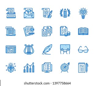 Copywriting flat line icons set. Writer typing text, social media content, e-mail newsletter, creative idea, typewriter vector illustrations. Writing thin signs. Editable Strokes.