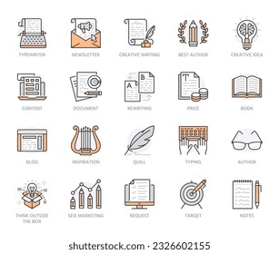 Copia de los iconos de línea plana establecidos. Texto de escritura de escritores, contenido de medios sociales, boletín de correo electrónico, idea creativa, ilustraciones vectoriales de máquina de escribir. Escribiendo señales delgadas. Color naranja. Estroques editables