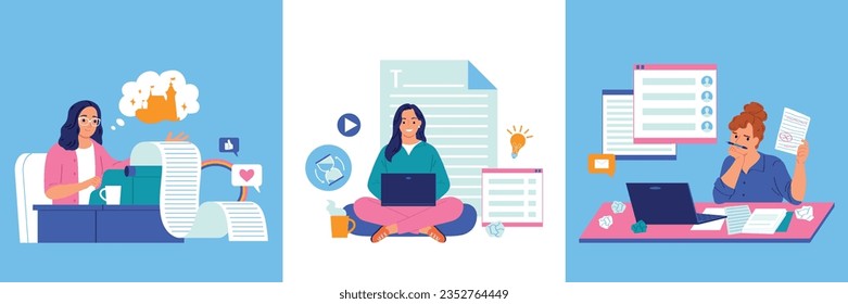 Copywriting flat set with female copywriters writing articles and posts on laptop and typewriter isolated vector illustration