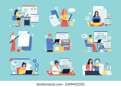 Copywriting flat set of people working on new posts isolated on color background vector illustration