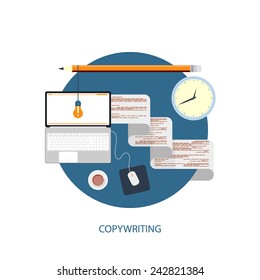 Copywriting - flat theme for web design on a white background. Shows a desk with a laptop and a paper tape with the text.