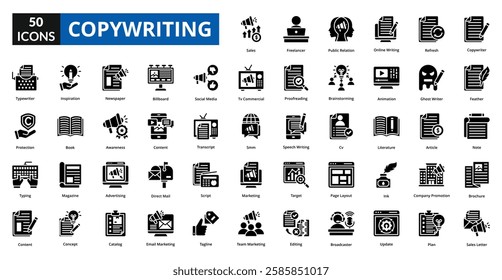 copywriting glyph icon collection set. Includes working, online, job, internet, office, person, copywriting, technology, marketing, creative, text, blog, editor, publish, article, idea, strategy