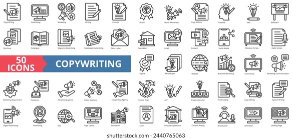 Copywriting icon collection set. Containing advertising, marketing, creative, concept, brand, awareness, idea icon. Simple line vector.