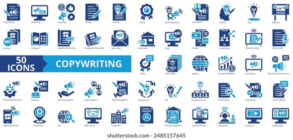 Conjunto de colecciones de iconos de copywriting. Conteniendo publicidad, marketing, creativo, concepto, marca, conciencia, icono de idea. Sencillo Vector plano.