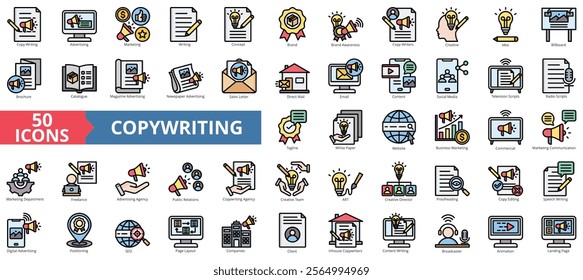 Copywriting icon collection set. Containing advertising, marketing, creative, concept, brand, awareness, idea icon. Simple flat outline vector illustration