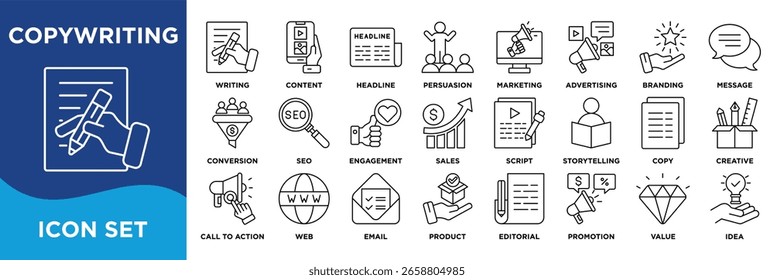 COPYWRITING icon collection set. Containing writing,content,headline,persuasion,marketing,advertising,branding,message,conversion,SEO icon. Simple line vector.