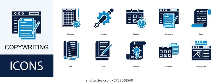 Symbolsammlung wird kopiert. Enthaltend Zwischenablage, Brunnen, Deadline, Papier, Buchsymbol.