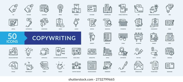 Copywriting icon collection set with tag, no sales, calendar,m edal, product, keyword, storytelling