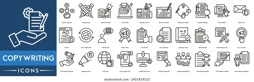 Copywriting icon. Content Creation, Writing Skills, Creative Writing, Copy Editing, Headline Writing, SEO Copywriting, Persuasive Writing, Content Strategy line web icon set. Outline icons collection.