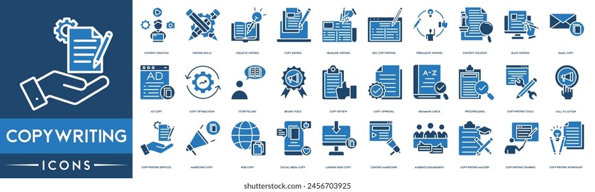 Copywriting icon. Content Creation, Writing Skills, Creative Writing, Copy Editing, Headline Writing, SEO Copywriting, Persuasive Writing, Content Strategy line web icon set. Outline icons collection.
