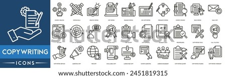 Copywriting icon. Content Creation, Writing Skills, Creative Writing, Copy Editing, Headline Writing, SEO Copywriting, Persuasive Writing, Content Strategy line web icon set. Outline icons collection.