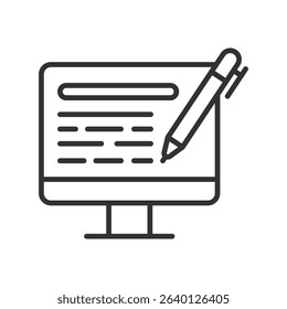 Copywriting, icon in line design. Copywriting, content writing, creative writing, text creation, marketing copy, SEO writing, freelance writer on white background vector. Copywriting, editable stroke 