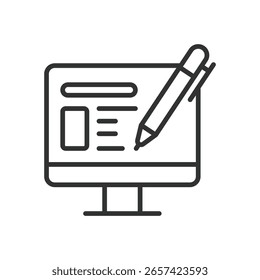 Copywriting, icono en diseño de línea. Redacción, redacción de contenido, redacción SEO, escritura creativa, creación de texto, contenido de marketing, escritura de blog sobre Vector de fondo blanco. Redacción, trazo editable i