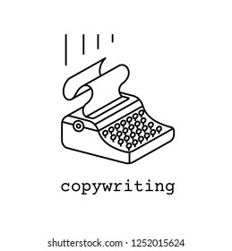 copywriting icon or logo concept in linear style. line drawn illustration of corywriter maсhine. Writing, blogging, content creating strategy symbol. Simple outline typing machine. Ancient technics.
