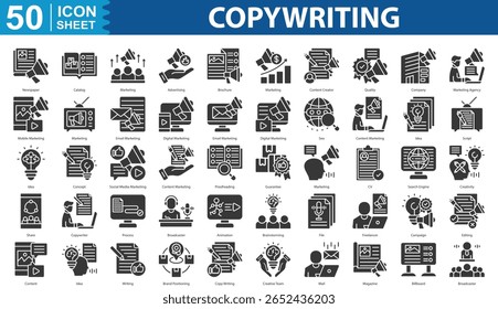 Copywriting Icon Set Collection Concept With Icon Of jornal, catálogo, marketing, propaganda, brochura, criador de conteúdo, qualidade, empresa, agência, celular