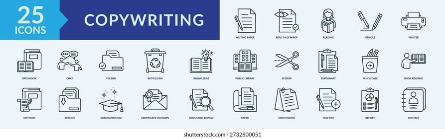 Conjunto de ícones de copywriting. Contendo leitura, lápis, impressora e muito mais. Outline coleção de ícones vetoriais