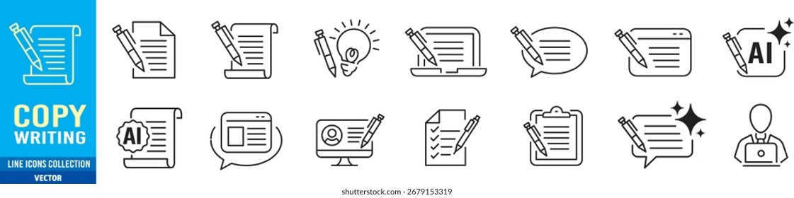 Copywriting icon set. Editable stroke linear icon collection vector illustration.