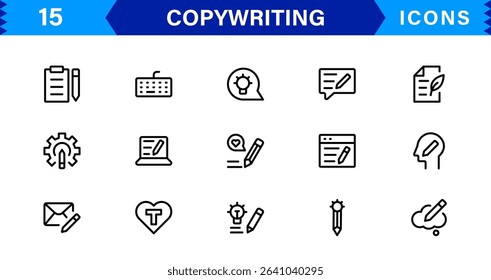Copywriting Icon Set Featuring Content Creation, Writing, Editing, Marketing, and Communication Symbols in a Professional, Vector-Based Design